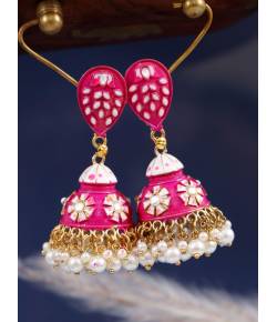 Traditional Gold-Plated  pink Kundan, Jaipur handpainted Meenakari Jhumka Earrings RAE1534