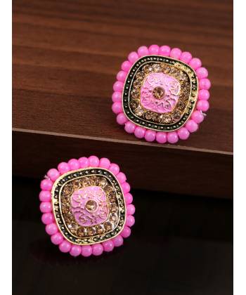 Gold-plated Square Pearl  shape Pink Dangler Earring RAE1540