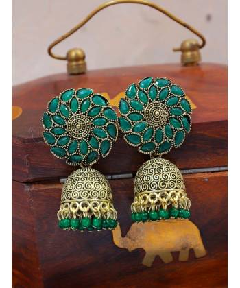 Gold-Plated Floral Dark Green Jhumka Earrings  RAE1544