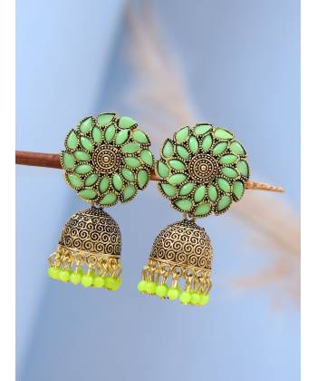 Gold-Plated Floral Sea Green Jhumka Earrings  RAE1545