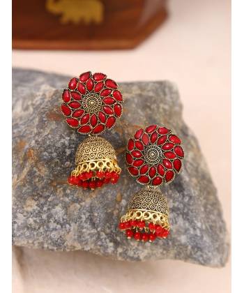 Gold-Plated Floral Red  Jhumka Earrings  RAE1548