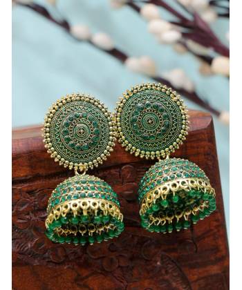Gold-plated Enamelled green Pearl Ethnic Jhumki Earring RAE1577