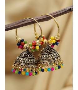 Gold-Plated Multicolor Hoop Jhumka Earrings RAE1699
