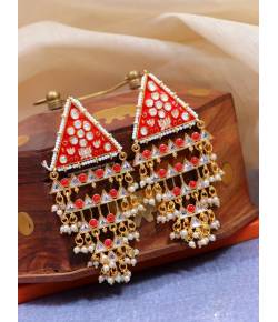 Crunchy Fashion Traditional Gold-Plated Triangle Pearl Red Pasa Earings RAE1701