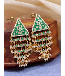 Crunchy Fashion Traditional Gold-Plated Triangle Pearl Green Pasa Earings RAE1702