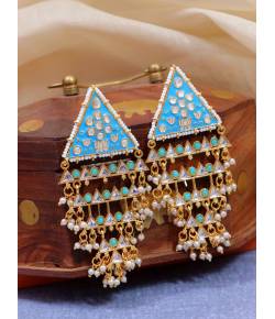 Crunchy Fashion Traditional Gold-Plated Triangle Pearl Blue Pasa Earings RAE1703