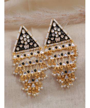 Crunchy Fashion Traditional Gold-Plated Triangle Pearl Black Pasa Earings RAE1706