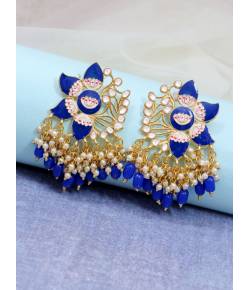 Crunchy Fashion Gold-Plated Floral stud jhalar Blue Meenakari Earrings RAE1711