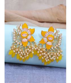 Crunchy Fashion Gold-Plated Lotus Floral stud Yellow Meenakari & Pearl Earrings  RAE1712