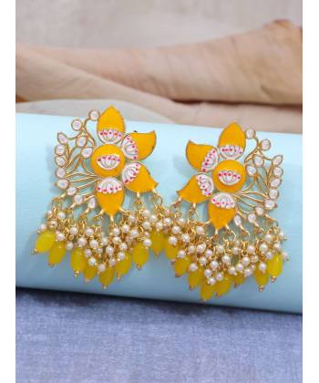 Crunchy Fashion Gold-Plated Lotus Floral stud Yellow Meenakari & Pearl Earrings  RAE1712