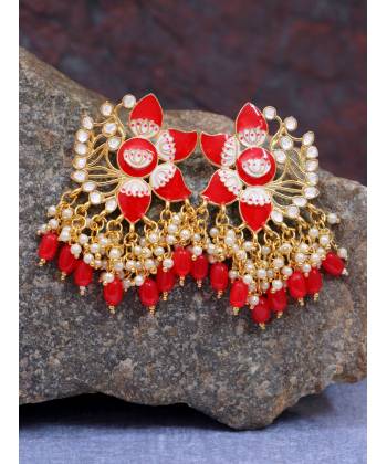 Crunchy Fashion Gold-Plated Lotus Floral stud Red Meenakari & Pearl Earrings  RAE1713