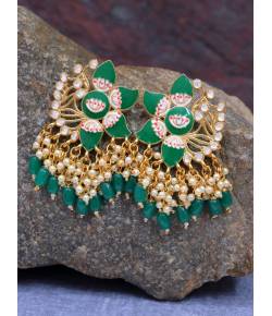 Crunchy Fashion Gold-Plated Lotus Floral stud Green Meenakari & Pearl Earrings RAE1714
