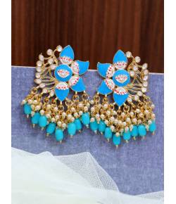 Crunchy Fashion Gold-Plated Lotus Floral stud  Blue Meenakari & Pearl Earrings RAE1716