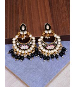  Gold Plated Stone Studded  Black Drop & Dangler Earrings with Pearls RAE1720