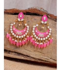  Gold Plated Stone Studded  Pink Drop & Dangler Earrings with Pearls RAE1726