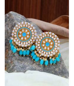 Gold-Toned  Kundan and  Blue Beads Round Shape Earrings RAE1732