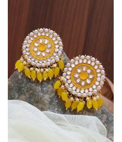 Gold-Toned  Kundan and  Yellow Beads Round Shape Earrings RAE1733