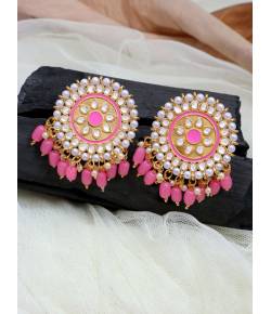 Gold-Toned  Kundan and  Pink Beads Round Shape Earrings RAE1734