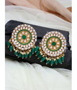 Gold-Toned  Kundan and  Green Beads Round Shape Earrings RAE1735