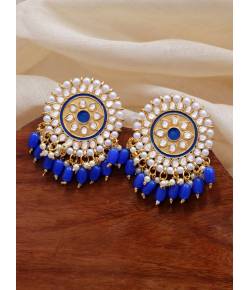 Gold-Toned  Kundan and  Blue Beads Round Shape Earrings RAE1737