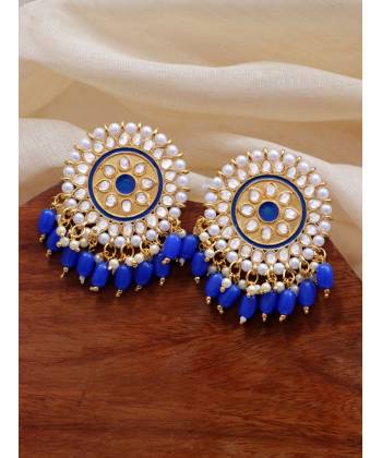 Gold-Toned  Kundan and  Blue Beads Round Shape Earrings RAE1737