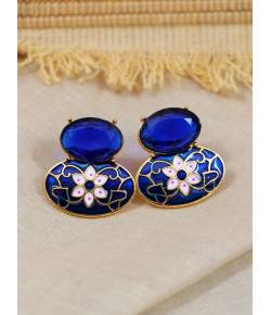 Gold-plated Sterling Oval Shape Meenakari Studd Blue Drop & Dangler Earrings RAE1744