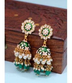 Gold-Plated Enamel Meenakari Floral Kundan Green Pearl Jhumka Jhumki Earrings RAE1750