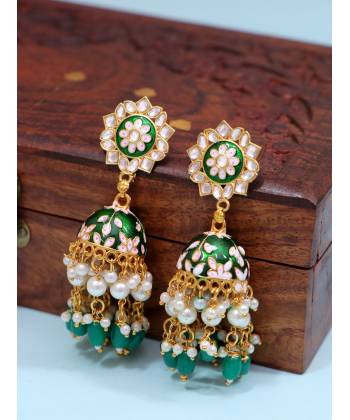 Gold-Plated Enamel Meenakari Floral Kundan Green Pearl Jhumka Jhumki Earrings RAE1750