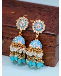 Gold-Plated Enamel Meenakari Floral Kundan Blue Pearl Jhumka Jhumki Earrings RAE1751