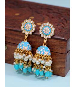 Gold-Plated Enamel Meenakari Floral Kundan Blue Pearl Jhumka Jhumki Earrings RAE1751