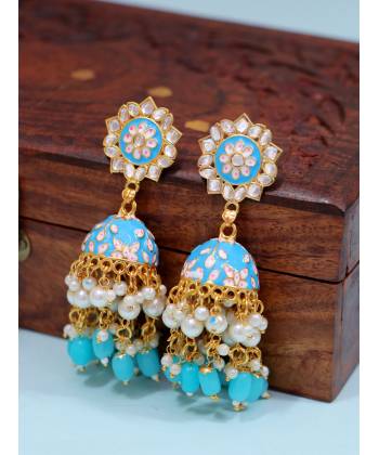 Gold-Plated Enamel Meenakari Floral Kundan Blue Pearl Jhumka Jhumki Earrings RAE1751