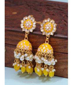 Gold-Plated Enamel Meenakari Floral Kundan Yellow Pearl Jhumka Jhumki Earrings RAE1752