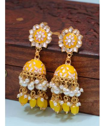 Gold-Plated Enamel Meenakari Floral Kundan Yellow Pearl Jhumka Jhumki Earrings RAE1752