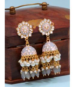 Gold-Plated Enamel Meenakari Floral Kundan Grey Pearl Jhumka Jhumki Earrings RAE1753