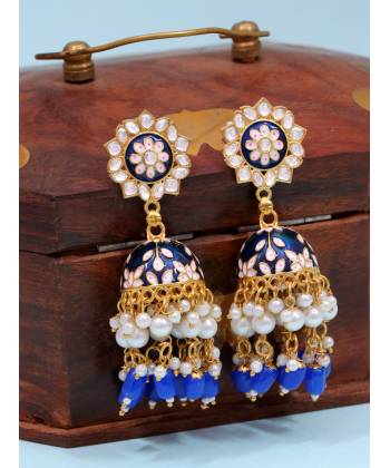 Gold-Plated Enamel Meenakari Floral Kundan Blue Pearl Jhumka Jhumki Earrings RAE1754