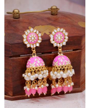 Gold-Plated Enamel Meenakari Floral Kundan Pink Pearl Jhumka Jhumki Earrings RAE1755