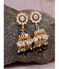 Gold-Plated Enamel Meenakari Floral Kundan Black  Pearl Jhumka Jhumki Earrings RAE1757