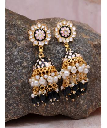 Gold-Plated Enamel Meenakari Floral Kundan Black  Pearl Jhumka Jhumki Earrings RAE1757