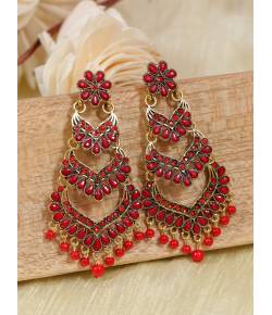 Ethnic Gold-Plated Jadau Red Kundan Long Pearl Earrings RAE1760