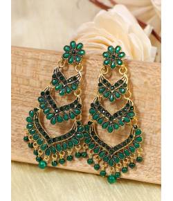 Ethnic Gold-Plated Jadau Green Kundan Long Pearl Earrings RAE1761
