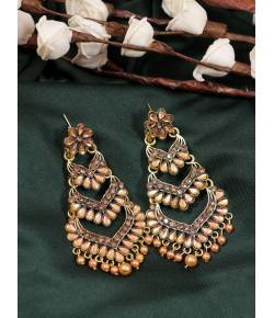 Ethnic Gold-Plated Jadau Peach Kundan Long Pearl Earrings RAE1763