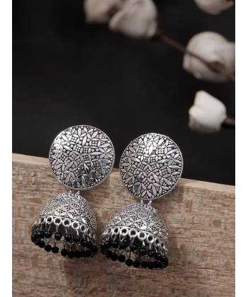 Oxidised Silver  Enamel  Black Pearl Pearls Jhumka Earrings RAE1770