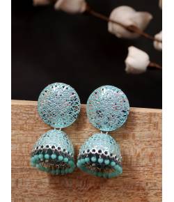 Oxidised Silver  Enamel  Sky Blue Pearl Pearls Jhumka Earrings RAE1771