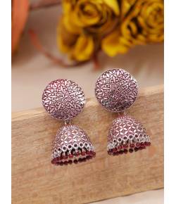 Oxidised Silver  Enamel  Maroon Pearl Pearls Jhumka Earrings RAE1775