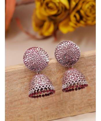 Oxidised Silver  Enamel  Maroon Pearl Pearls Jhumka Earrings RAE1775