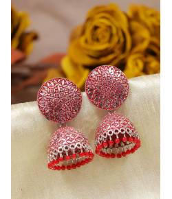 Oxidised Silver  Enamel  Red Pearl Pearls Jhumka Earrings RAE1776