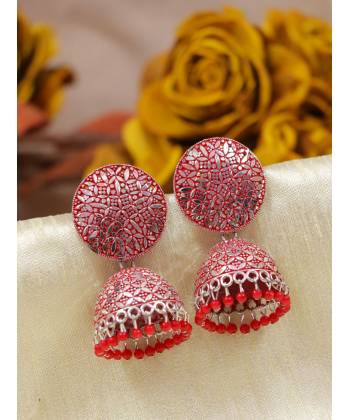 Oxidised Silver  Enamel  Red Pearl Pearls Jhumka Earrings RAE1776