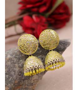 Oxidised Silver  Enamel  Yellow Pearl Pearls Jhumka Earrings RAE1777