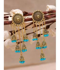 Retro Gold Jhumka Sky Blue Beads Long Chain Tassel Hangers Earrings RAE1780