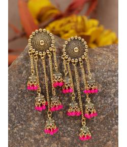 Retro Gold Jhumka Pink Beads Long Chain Tassel Hangers Earrings RAE1781